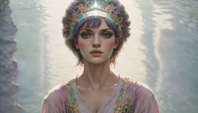 1girl,solo,breasts,looking at viewer,blush,short hair,bangs,blue eyes,shirt,black hair,cleavage,jewelry,blue hair,collarbone,upper body,parted lips,teeth,artist name,blurry,lips,eyelashes,makeup,watermark,sunlight,looking up,portrait,realistic,nose,headdress,water,facial mark,facepaint