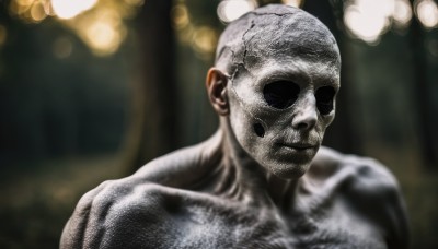 solo,looking at viewer,1boy,closed mouth,collarbone,upper body,male focus,blurry,muscular,depth of field,blurry background,realistic,bald,no humans,parody,skull,horror (theme)