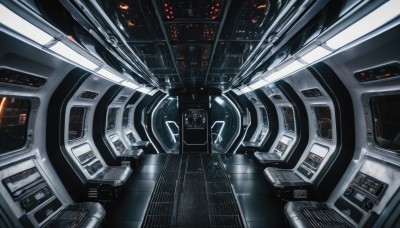 dutch angle,no humans,building,scenery,science fiction,realistic,cable,space,spacecraft,lights,cockpit,solo,indoors,robot,mecha,close-up,machinery,monitor,screen,machine