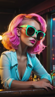 1girl,solo,breasts,looking at viewer,short hair,shirt,cleavage,jewelry,medium breasts,collarbone,upper body,pink hair,multicolored hair,earrings,small breasts,open clothes,collared shirt,artist name,indoors,dark skin,medium hair,nail polish,orange hair,blurry,two-tone hair,dark-skinned female,lips,fingernails,eyelashes,window,makeup,blurry background,watermark,sunglasses,bottle,blue shirt,lipstick,web address,pink nails,alcohol,sleeves rolled up,eyeshadow,backlighting,pink lips,realistic,nose,unbuttoned,stud earrings,eyeliner,tinted eyewear,purple lips,unbuttoned shirt,wine bottle,mascara,purple-tinted eyewear,parted lips,signature,gradient hair,bar (place),neon lights