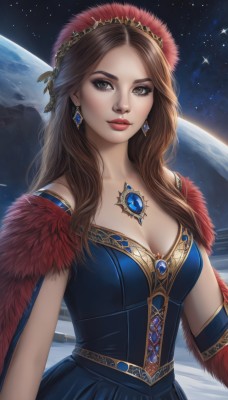 1girl,solo,long hair,breasts,looking at viewer,brown hair,hair ornament,dress,cleavage,brown eyes,jewelry,medium breasts,closed mouth,upper body,earrings,sky,necklace,lips,makeup,blue dress,feathers,gem,star (sky),starry sky,realistic,red lips,space,planet,earth (planet),blue gemstone,lipstick