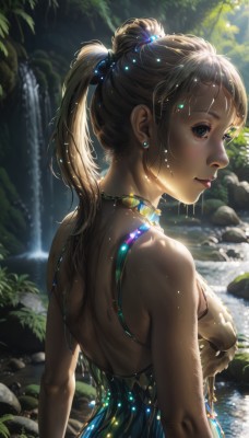 1girl,solo,long hair,breasts,looking at viewer,smile,bangs,blue eyes,blonde hair,brown hair,hair ornament,dress,bare shoulders,jewelry,medium breasts,closed mouth,green eyes,upper body,ponytail,earrings,outdoors,day,looking back,dark skin,water,necklace,from behind,mole,blurry,black eyes,tree,lips,wet,eyelashes,mole under eye,profile,makeup,back,sunlight,gem,wet clothes,nature,forest,backlighting,freckles,water drop,rock,realistic,nose,arms at sides,wet hair,river,waterfall,blush,sleeveless,artist name,sleeveless dress,depth of field,light particles,green dress,backless outfit,shade,shoulder blades,moss,tribal