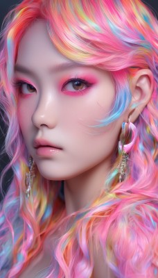 1girl,solo,long hair,looking at viewer,bangs,simple background,brown eyes,jewelry,closed mouth,pink hair,multicolored hair,earrings,lips,eyelashes,makeup,lipstick,portrait,close-up,eyeshadow,pink lips,realistic,nose,eyeliner,mascara,rainbow hair,blue hair,orange hair,gradient hair,wavy hair,black background