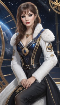 1girl,solo,long hair,breasts,looking at viewer,smile,blue eyes,brown hair,hair ornament,long sleeves,dress,cleavage,jewelry,medium breasts,sitting,earrings,sky,pants,necklace,star (symbol),black dress,lips,fur trim,makeup,watermark,ring,lipstick,gem,star (sky),pendant,starry sky,gold trim,realistic,red lips,space,planet,earth (planet),constellation,brown eyes,artist name,own hands together,hands on lap