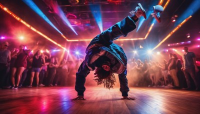 shirt,black hair,long sleeves,1boy,hat,holding,standing,jacket,male focus,multiple boys,shoes,solo focus,pants,indoors,tattoo,mask,6+boys,dancing,crowd,stage,audience,solo,short hair,multiple girls,gloves,full body,open clothes,arm up,open jacket,black jacket,black pants,sneakers,light,leather,leather jacket,lights,stage lights,neon lights,concert