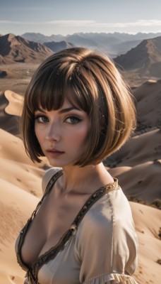 1girl,solo,breasts,looking at viewer,short hair,bangs,brown hair,shirt,black hair,hair ornament,cleavage,brown eyes,jewelry,medium breasts,closed mouth,underwear,collarbone,white shirt,upper body,short sleeves,outdoors,frills,sky,day,artist name,cloud,bra,black eyes,lips,see-through,eyelashes,bob cut,freckles,mountain,realistic,nose,sand,desert,parted lips