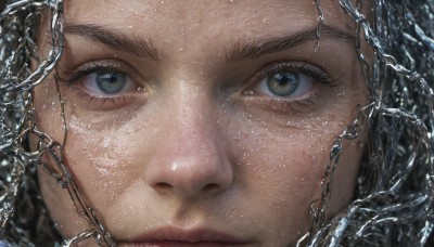 1girl,solo,looking at viewer,blue eyes,black hair,1boy,brown eyes,closed mouth,male focus,water,lips,grey eyes,eyelashes,portrait,close-up,reflection,realistic,nose,eye focus,green eyes,chain,freckles,straight-on