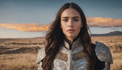 1girl,solo,long hair,looking at viewer,brown hair,brown eyes,upper body,outdoors,parted lips,sky,day,cloud,armor,blurry,lips,blurry background,wavy hair,shoulder armor,curly hair,pauldrons,breastplate,realistic,chainmail