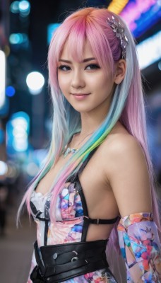 1girl,solo,long hair,breasts,looking at viewer,smile,bangs,hair ornament,gloves,dress,bare shoulders,brown eyes,jewelry,medium breasts,closed mouth,underwear,upper body,pink hair,multicolored hair,small breasts,detached sleeves,elbow gloves,belt,necklace,bra,blurry,black eyes,two-tone hair,lips,gradient hair,blurry background,floral print,realistic,blue hair,swimsuit,bikini,grey eyes