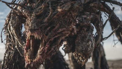 solo,open mouth,outdoors,horns,sky,teeth,day,blurry,no humans,blurry background,chain,sharp teeth,claws,spikes,monster,dragon,scales,giant,dust,wings,tongue,cloud,tongue out,armor,blue sky,depth of field,cloudy sky