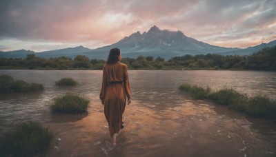 1girl,solo,long hair,black hair,long sleeves,1boy,dress,standing,male focus,outdoors,sky,barefoot,cloud,water,from behind,tree,cloudy sky,grass,nature,scenery,wading,forest,reflection,walking,sunset,mountain,facing away,bush,river,mountainous horizon,lake,brown hair,robe,landscape,hill