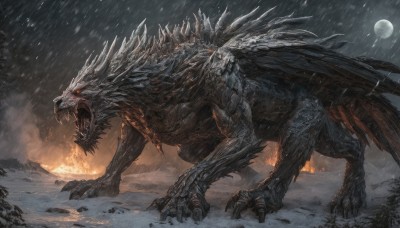 solo,open mouth,red eyes,tail,outdoors,wings,horns,sky,teeth,cape,tree,no humans,night,glowing,fangs,moon,fire,sharp teeth,night sky,glowing eyes,claws,snow,full moon,spikes,monster,snowing,dragon