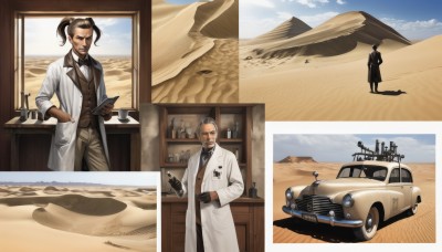 brown hair,gloves,1boy,twintails,male focus,multiple boys,sky,glasses,day,pants,cloud,2boys,bowtie,vest,cup,coat,facial hair,bottle,ground vehicle,motor vehicle,beard,realistic,mustache,sand,labcoat,car,manly,vehicle focus,desert,truck,looking at viewer,short hair,shirt,black hair,long sleeves,bow,holding,closed mouth,standing,ponytail,weapon,white hair,grey hair,outdoors,black gloves,indoors,blue sky,book,window,black bow,buttons,shadow,sunglasses,brown gloves,smoke,short ponytail,hand in pocket,black bowtie,mountain,road,dust