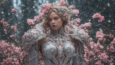 1girl, solo, breasts, blue eyes, blonde hair, hair ornament, medium breasts, upper body, flower, armor, blurry, lips, blurry background, looking away, shoulder armor, snow, pauldrons, snowing, realistic, branch