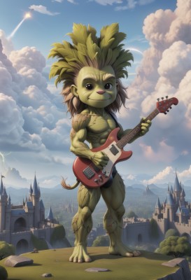 solo,looking at viewer,smile,brown hair,1boy,holding,brown eyes,standing,tail,full body,male focus,outdoors,sky,day,cloud,tree,blue sky,muscular,colored skin,cloudy sky,building,instrument,furry,city,music,guitar,furry male,green skin,playing instrument,holding instrument,castle,electric guitar,contrail,plectrum,blonde hair,no humans,abs,scenery,yellow skin