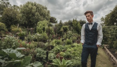 solo,looking at viewer,short hair,brown hair,shirt,long sleeves,1boy,bow,standing,white shirt,male focus,outdoors,sky,day,collared shirt,pants,cloud,bowtie,vest,tree,dress shirt,black pants,cloudy sky,plant,building,nature,scenery,hand in pocket,black vest,realistic,hands in pockets,leaf,road