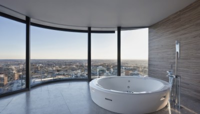 weapon,sky,sword,cloud,indoors,no humans,window,building,scenery,reflection,city,tiles,cityscape,skyscraper,rooftop,sink,skyline,day,water,blue sky,tile floor,bathroom,bathtub,tile wall,faucet,reflective floor