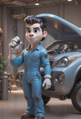 solo,smile,short hair,blue eyes,black hair,gloves,long sleeves,1boy,standing,full body,male focus,shoes,artist name,indoors,white gloves,blurry,black eyes,blurry background,thick eyebrows,plant,ground vehicle,motor vehicle,furry,car,potted plant,motorcycle,jumpsuit,brown hair,watermark,brown footwear,realistic,male child