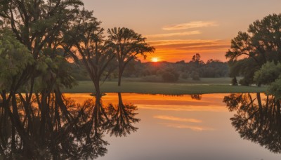 outdoors,sky,cloud,water,tree,no humans,sunlight,cloudy sky,nature,scenery,forest,reflection,sunset,mountain,sun,river,landscape,lake,orange sky,1girl,ocean,grass,horizon