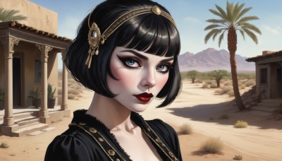 1girl,solo,looking at viewer,smile,short hair,bangs,blue eyes,black hair,hair ornament,closed mouth,collarbone,upper body,hairband,outdoors,sky,day,blunt bangs,tree,blue sky,lips,eyelashes,makeup,beach,bob cut,lipstick,portrait,nose,sand,palm tree,red lips,eyeliner,mascara,desert,artist name,plant,gold