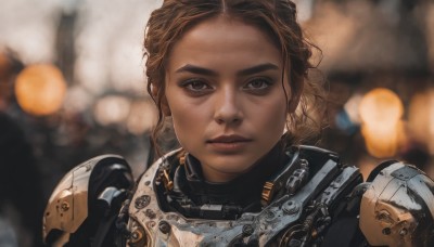 1girl,solo,looking at viewer,brown hair,brown eyes,upper body,parted lips,solo focus,dark skin,armor,blurry,dark-skinned female,lips,depth of field,blurry background,shoulder armor,portrait,freckles,science fiction,pauldrons,realistic,nose,power armor,long hair,short hair,close-up