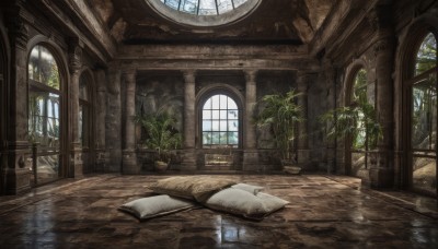 day,indoors,water,tree,book,no humans,window,chair,table,sunlight,plant,scenery,reflection,wooden floor,open book,clock,bookshelf,potted plant,pillar,arch,pillow,couch,fantasy,tile floor