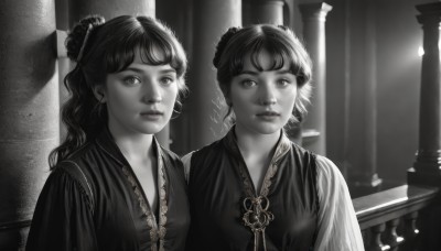 long hair,looking at viewer,short hair,bangs,multiple girls,hair ornament,2girls,jewelry,closed mouth,monochrome,upper body,greyscale,earrings,parted lips,signature,hair bun,lips,eyelashes,siblings,chinese clothes,single hair bun,sisters,curly hair,twins,realistic,nose,pillar,column,dress,necklace