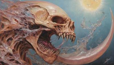 solo,open mouth,sky,teeth,signature,water,no humans,moon,sharp teeth,skull,monster,realistic,sun,tongue,artist name,1other,skeleton