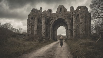 1girl,solo,long hair,dress,holding,standing,weapon,outdoors,wings,sky,cloud,black dress,tree,cloudy sky,grass,scenery,ruins,wide shot,bare tree,blonde hair,from behind,building,pillar,statue