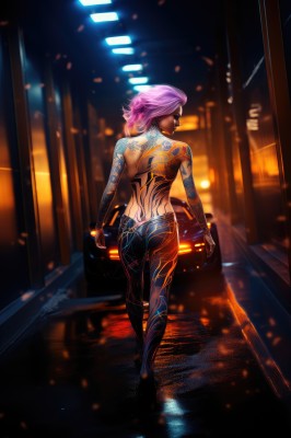 1girl,solo,looking at viewer,short hair,jewelry,standing,full body,pink hair,ass,looking back,dark skin,from behind,tattoo,makeup,night,back,ground vehicle,motor vehicle,walking,butt crack,car,back tattoo,full-body tattoo,breasts,blue eyes,purple hair,earrings,pants,blurry,bracelet,dark-skinned female,lips,bodysuit,topless,lipstick,asymmetrical hair,nose,very short hair,undercut,cyberpunk,spider web print,neon lights