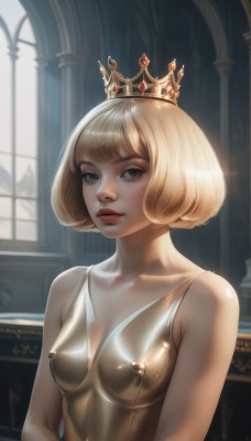 1girl,solo,breasts,looking at viewer,short hair,bangs,blonde hair,dress,bare shoulders,brown eyes,collarbone,upper body,small breasts,parted lips,sleeveless,shiny,artist name,indoors,blurry,covered nipples,lips,see-through,shiny skin,window,makeup,blurry background,bob cut,crown,freckles,shiny clothes,nose,blue eyes,medium breasts,closed mouth,nipples,nude,black eyes,piercing,realistic,nipple piercing,bodypaint,dark nipples