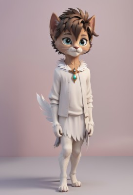 solo,looking at viewer,blue eyes,simple background,brown hair,shirt,1boy,animal ears,jewelry,closed mouth,green eyes,standing,jacket,tail,full body,white shirt,male focus,open clothes,barefoot,cat ears,necklace,:3,feathers,brooch,gem,child,claws,furry,animal hands,arms at sides,furry male,male child,body fur,white fur,straight-on,animal nose,whiskers,snout,brown fur,smile,short hair,bangs,long sleeves,white background,teeth,artist name,open jacket,gradient,fox ears,gradient background,fox tail,watermark,happy,white jacket,red background,brown background,two-tone fur,blue gemstone,fox boy