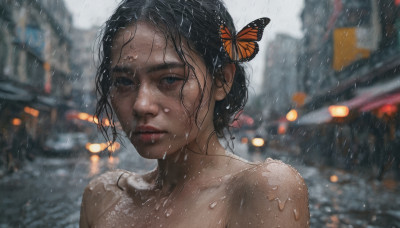 1girl, solo, looking at viewer, short hair, blue eyes, black hair, hair ornament, upper body, nude, outdoors, blurry, lips, wet, depth of field, blurry background, bug, rain, city, realistic, nose, butterfly hair ornament, wet hair