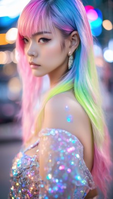 1girl,solo,long hair,breasts,looking at viewer,bangs,dress,bare shoulders,brown eyes,jewelry,medium breasts,closed mouth,blue hair,upper body,pink hair,multicolored hair,earrings,green hair,blunt bangs,blurry,from side,two-tone hair,lips,looking to the side,gradient hair,makeup,depth of field,blurry background,piercing,gem,realistic,nose,bokeh,rainbow hair,blonde hair,artist name,eyelashes,watermark,lipstick,web address,lens flare,eyeshadow,mascara