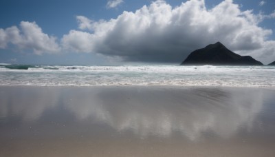 outdoors,sky,day,cloud,water,blue sky,no humans,ocean,cloudy sky,nature,scenery,reflection,mountain,horizon,landscape,mountainous horizon,shore,monochrome,beach,aircraft,sand,airplane,waves,island