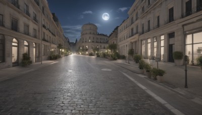 outdoors,sky,cloud,tree,no humans,window,night,moon,plant,building,night sky,scenery,full moon,city,door,potted plant,road,bush,house,lamppost,street,pavement,shadow,cloudy sky,star (sky),starry sky,cityscape,path,town