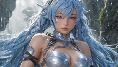 1girl,solo,long hair,breasts,looking at viewer,bangs,blue eyes,large breasts,cleavage,hair between eyes,bare shoulders,medium breasts,very long hair,blue hair,upper body,outdoors,parted lips,armor,blurry,lips,grey eyes,clothing cutout,blurry background,headgear,cleavage cutout,armlet,rain,realistic,arm strap,blush,shiny,floating hair,snow