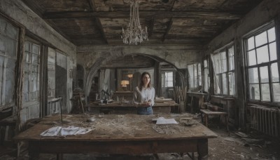 1girl,solo,long hair,bangs,brown hair,shirt,long sleeves,holding,brown eyes,sitting,white shirt,indoors,cup,book,window,chair,table,denim,scenery,desk,plate,paper,candle,ruins,wide shot,wooden table,black hair,collared shirt,lamp,ceiling,chandelier,wooden chair