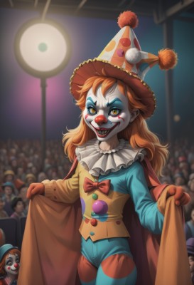 1girl,solo,long hair,looking at viewer,smile,open mouth,gloves,long sleeves,hat,bow,yellow eyes,frills,teeth,solo focus,pointy ears,striped,pants,bowtie,cape,orange hair,blurry,red bow,orange eyes,cosplay,makeup,mask,colored skin,fangs,facial mark,lipstick,child,genderswap,pom pom (clothes),genderswap (mtf),red gloves,red lips,female child,facepaint,jester cap,crowd,neck ruff,domino mask,multicolored headwear,clown,multiple boys,top hat