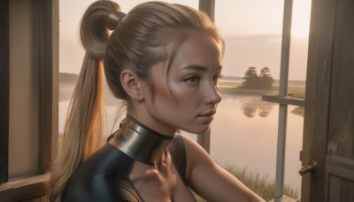 1girl,solo,long hair,breasts,blue eyes,blonde hair,brown hair,cleavage,brown eyes,collarbone,upper body,ponytail,parted lips,teeth,indoors,lips,window,portrait,freckles,realistic,door,hair pulled back,closed mouth,collar,tree,bodysuit,sunlight,grass,backlighting,sunset,nose