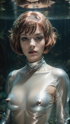 1girl,solo,breasts,looking at viewer,short hair,bangs,brown hair,hair ornament,brown eyes,medium breasts,nipples,upper body,water,covered nipples,lips,see-through,bodysuit,skin tight,realistic,nipple piercing,latex,parted lips,teeth,shiny,artist name,eyelashes,halo,piercing,breasts apart,freckles,shiny clothes,nose