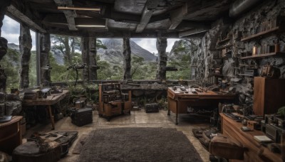 outdoors,sky,day,cloud,indoors,tree,cup,book,no humans,window,chair,table,plant,box,nature,scenery,forest,mountain,ruins,shelf,landscape,crate,desk,bookshelf,lamp,messy room