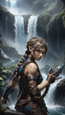 1girl,solo,long hair,breasts,looking at viewer,blonde hair,brown hair,holding,bare shoulders,brown eyes,jewelry,medium breasts,very long hair,closed mouth,weapon,ass,braid,cowboy shot,earrings,outdoors,sleeveless,pointy ears,belt,looking back,sword,water,holding weapon,armor,bracelet,lips,single braid,knife,elf,nature,armband,armlet,rock,nose,fantasy,holding knife,dagger,river,waterfall,gloves,fingerless gloves,piercing,realistic