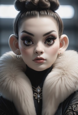 1girl,solo,looking at viewer,short hair,brown hair,black hair,brown eyes,jewelry,jacket,upper body,earrings,parted lips,artist name,signature,necklace,hair bun,mole,blurry,lips,coat,fur trim,eyelashes,mole under eye,makeup,blurry background,piercing,single hair bun,portrait,eyeshadow,freckles,fur collar,hoop earrings,realistic,nose,eyeliner,mascara,blush,closed mouth,lipstick,forehead