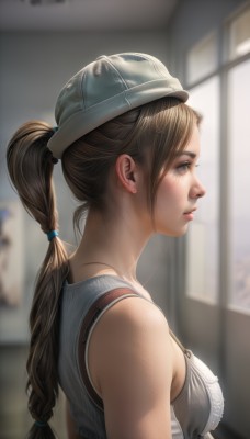 1girl,solo,long hair,breasts,brown hair,hat,bare shoulders,brown eyes,jewelry,medium breasts,closed mouth,underwear,upper body,ponytail,braid,earrings,sleeveless,indoors,bra,blurry,from side,lips,window,single braid,profile,depth of field,blurry background,tank top,realistic,nose,hair tie,sunlight,suspenders,baseball cap,backlighting,freckles