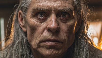 solo,long hair,looking at viewer,1boy,closed mouth,white hair,grey hair,male focus,blurry,lips,grey eyes,blurry background,facial hair,scar,portrait,close-up,realistic,old,old man,wrinkled skin,scar on face,nose