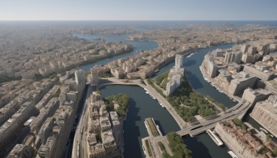 outdoors,sky,day,water,tree,blue sky,no humans,ocean,from above,building,scenery,city,horizon,cityscape,bridge,river,skyscraper,landscape,nature,shore