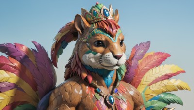 solo,looking at viewer,simple background,brown eyes,jewelry,upper body,necklace,black eyes,gradient,gradient background,no humans,animal,blue background,feathers,crown,gem,furry,headdress,feather hair ornament,animal focus,blue gemstone,closed mouth,braid,portrait