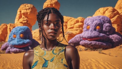 1girl,solo,long hair,looking at viewer,black hair,bare shoulders,brown eyes,jewelry,upper body,braid,earrings,outdoors,parted lips,sleeveless,day,dark skin,dark-skinned female,lips,realistic,nose,sand,very dark skin,desert,dreadlocks,brown hair,food,thick eyebrows