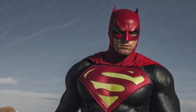 solo,looking at viewer,1boy,closed mouth,upper body,male focus,outdoors,sky,cape,bodysuit,mask,muscular,facial hair,pectorals,muscular male,bara,mature male,realistic,stubble,superhero,red bodysuit,day,cloud,blurry,red cape,black cape